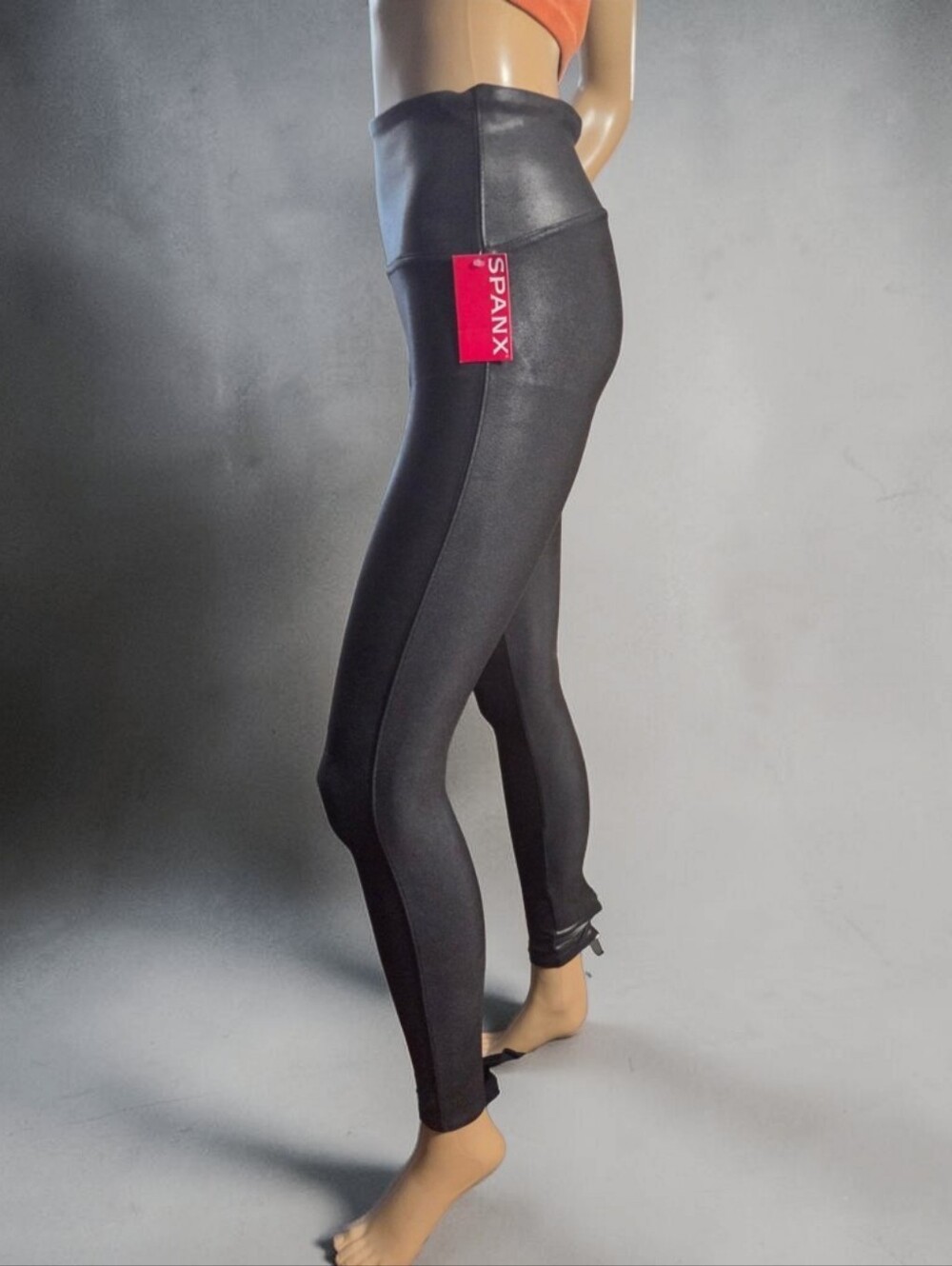 SPANX Black High Waist Wet Look Faux Leather Leggings Medium NWT